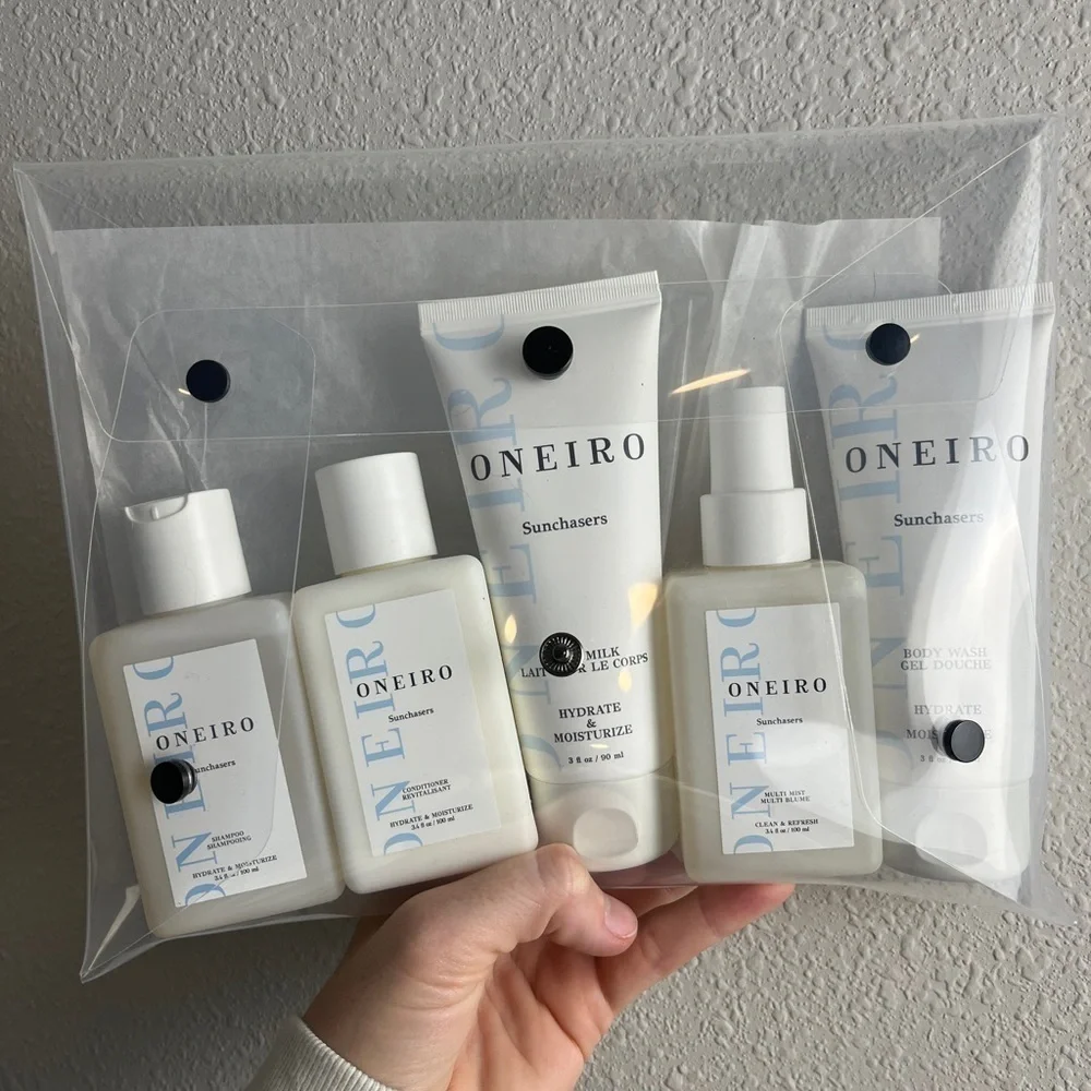 Oneiro Sunchaser Travel Size 5 Piece Bundle + Clear Clutch TSA Approved